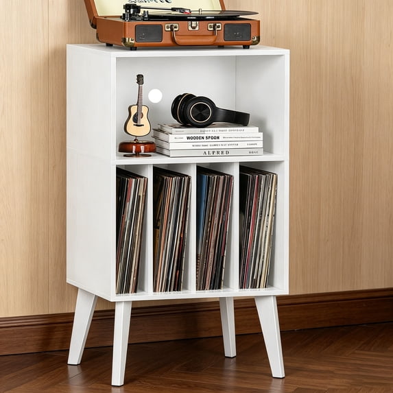 Joaxswe Record Player Stand, Brown Turntable Holds 160 Albums, Mid-Century Vinyl Storage Cabinet with Wood Legs, Display Shelf for Bedroom Living Room, White