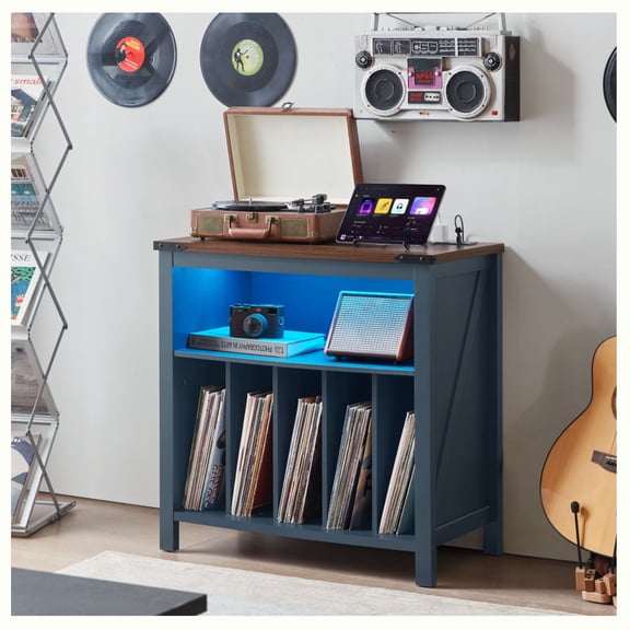 Joaxswe Record Player Stand, Mid Century Modern Record Storage Cabinet with Charging Station & USB Ports, Vinyl Storage Holds up to 230 Albums