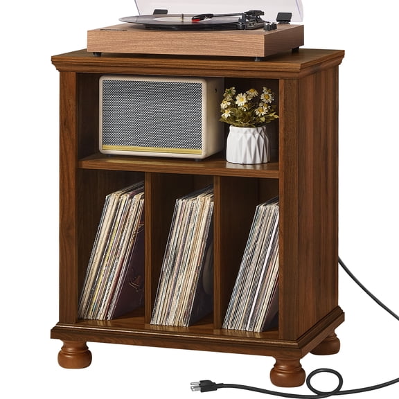 Joaxswe Record Player Stand with Storage, Vinyl Record Storage Cabinet with Power Outlet, Up to 200 Albums for Living Room, Brown