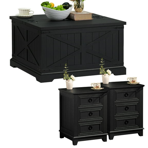 Joaxswe Rustic Wood Lift-Top Coffee Table with Hidden Storage & Nightstand with Charging Station for Living Room, Black