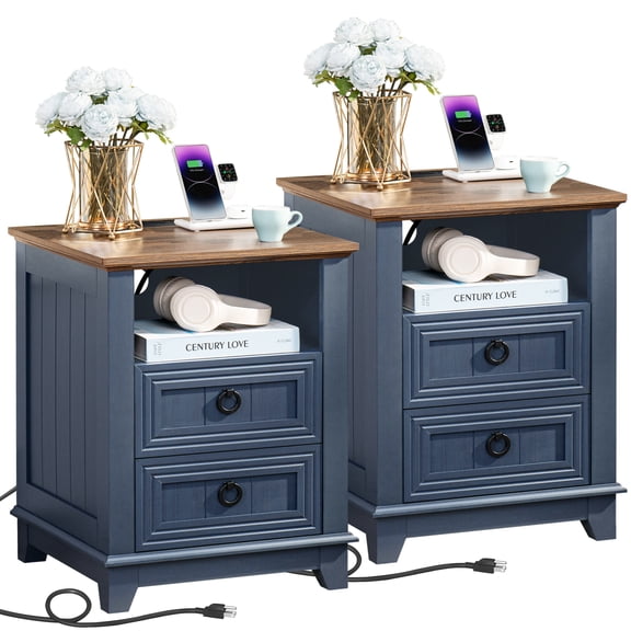 Joaxswe Set of 2 End Table with Charging Station for Living Room, Wooden Nightstand for Bedroom, Blue