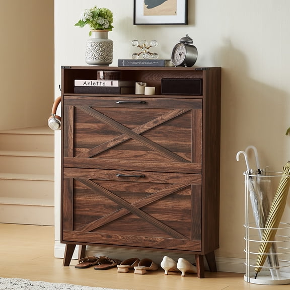 Joaxswe Shoe Cabinet with 2 Flip Drawers, Free Standing Shoe Racks Storage Cabinet, Famhouse Shoe Rack Organizer Narrow Closet for Entryway Hallway, Brown