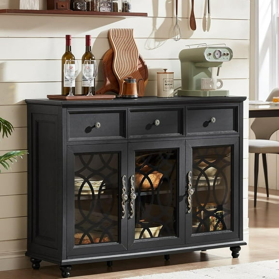 Joaxswe Sideboard Buffet Cabinet with Storage, Kitchen Storage Cabinet with 3 Drawers & Glass Doors, 48" Wide Buffet Table Coffee Bar Cabinet for Dining Room, Living Room,Black