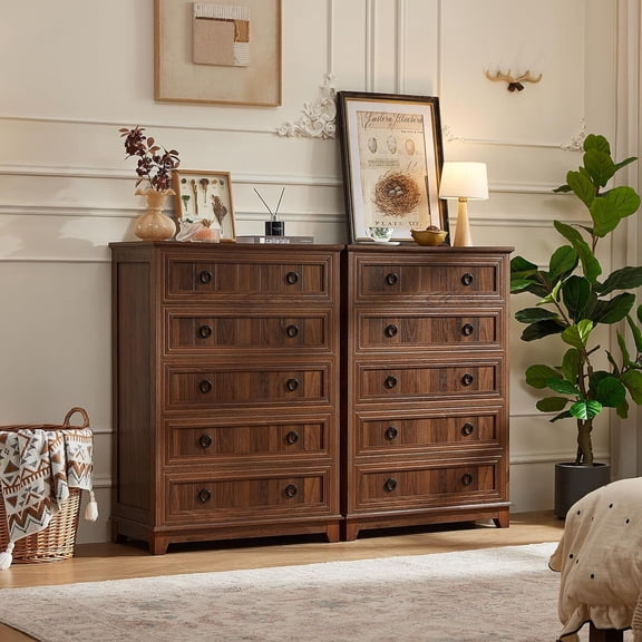 Farmhouse Dresser for Bedroom Set of 2, Modern Wooden 5 Drawer Tall Dresser, Chest of Drawers, Storage Cabine Living Room Hallway, Brown