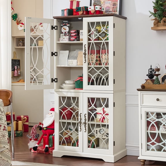 Joaxswe Vertical Buffet Cabinet with Glass Doors and Storage Shelves, Sideboard Cupboard for Dining Room, White