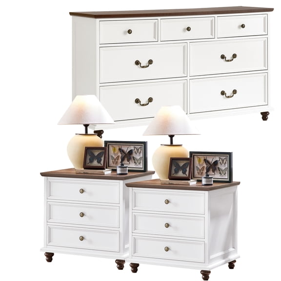 Joaxswe White Farmhouse Nightstands Set of 2 & 7-Drawer Dresser, 54" Wood Dresser, 24" Bedside Tables for Bedroom, Living Room, Hallway
