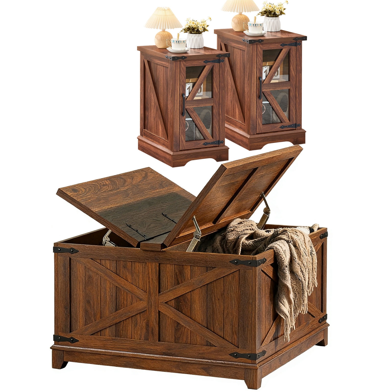 Joaxswe Wood 3-Piece Adult Coffee Table Sets Includes 1 and 2 End Tables Home Accent Furniture for Living Room, Brown