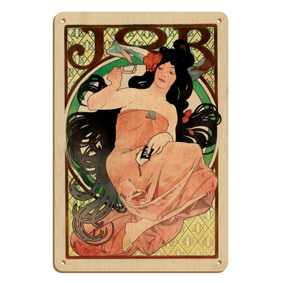 Job - Cigarette Rolling Papers Advertisement - Art Nouveau - Vintage Advertising Poster by Alphonse Mucha c.1898 - 8 x 12 inch Vintage Wood Art Sign