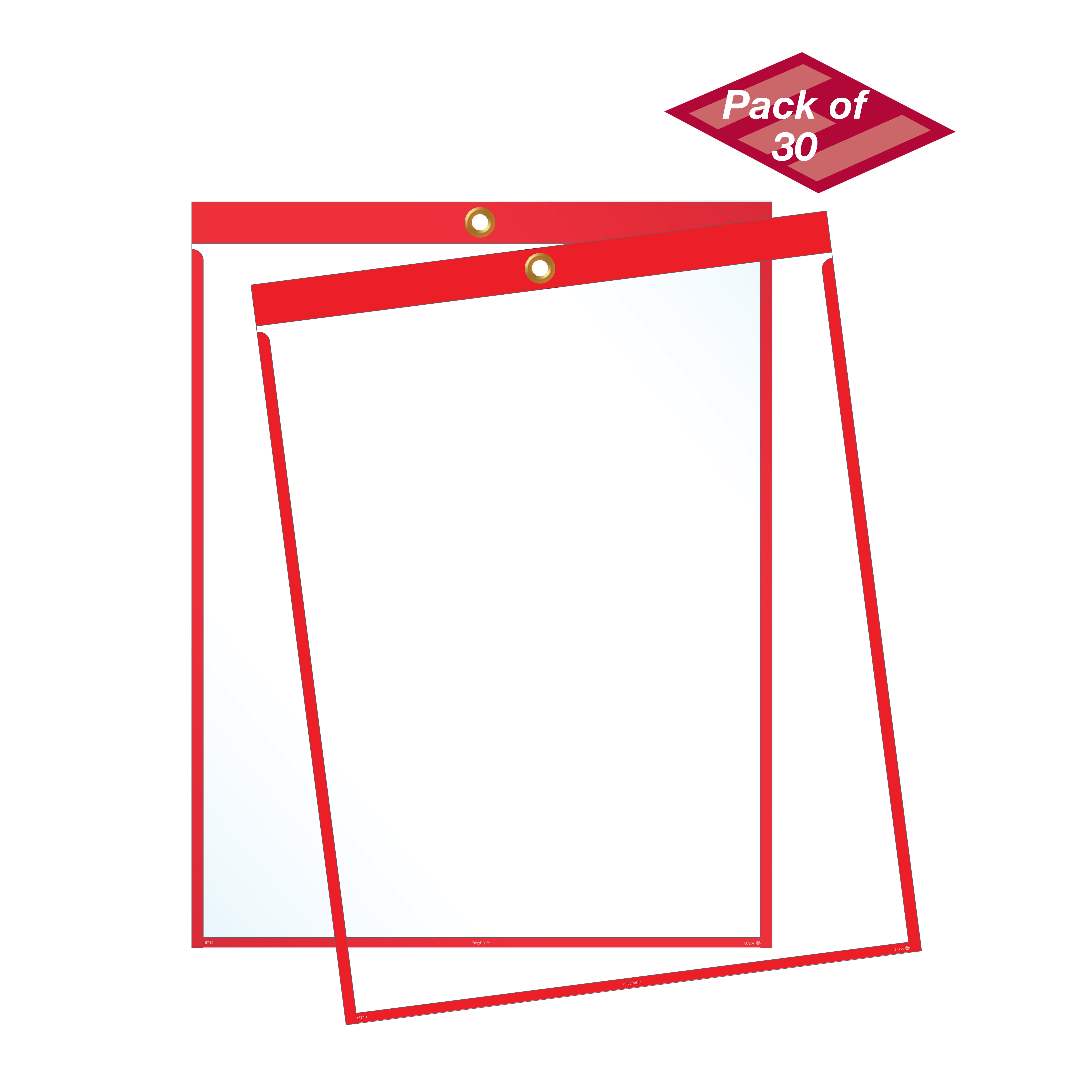 Job Ticket Holders - 9"x12" - Pack of 30 (red) Top-loading with eyelet for hanging - Made in USA