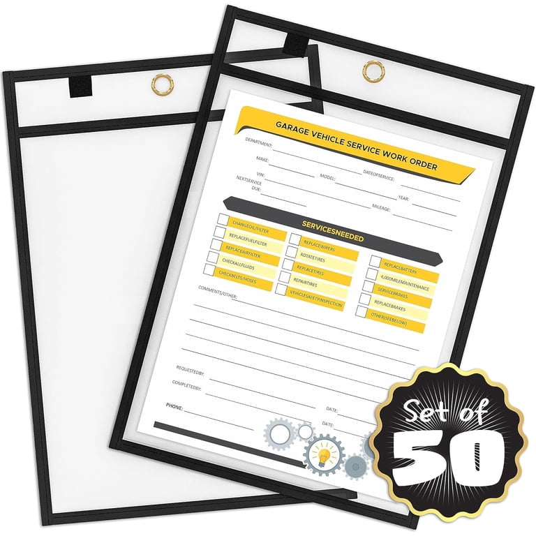 Job Ticket Holders 9x12 (50 Pack) Work Order Plastic Sleeves Clear