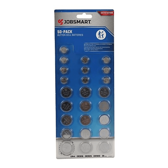 JobSmart BC50 Assorted Button Cell Batteries LR44, CR2016, CR2025, CR2032, 50-Pc