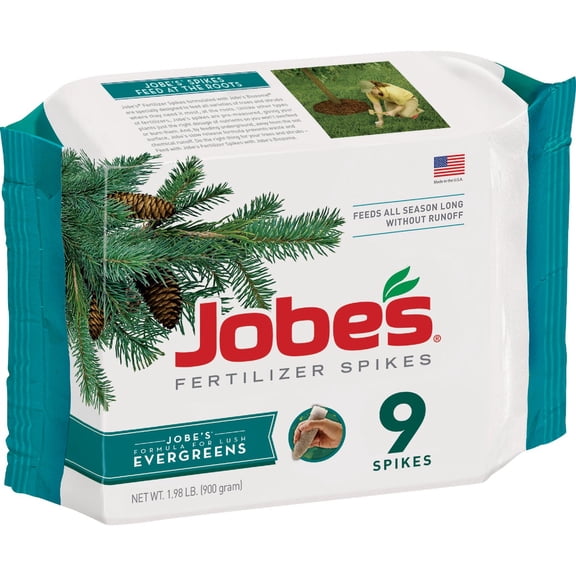 Jobe's Evergreen Fertilizer Spikes 11-3-4 Time Release Fertilizer for Juniper, Spruce, Cypress and All Other Evergreen Trees, 9 Spikes per Package- Pack of 2