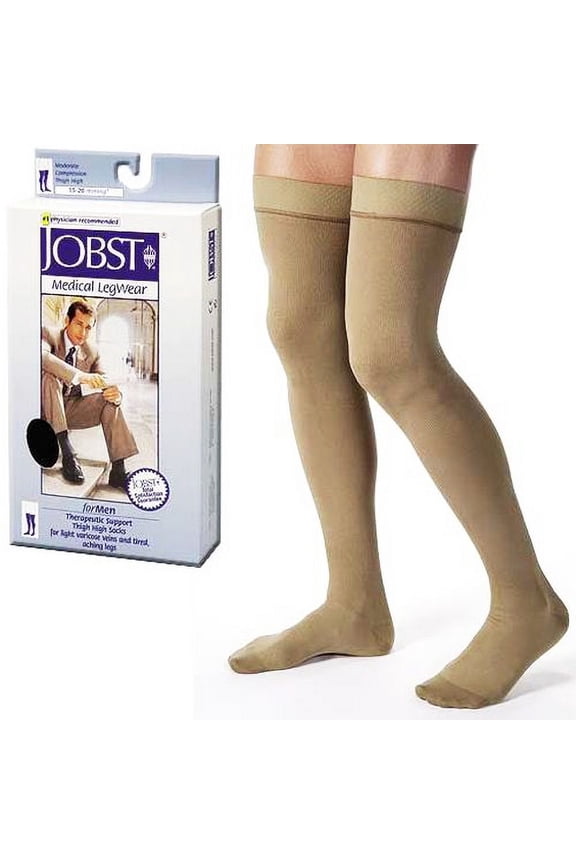 for Men 15-20 Closed Toe Thigh High Compression Stockings Khaki Large