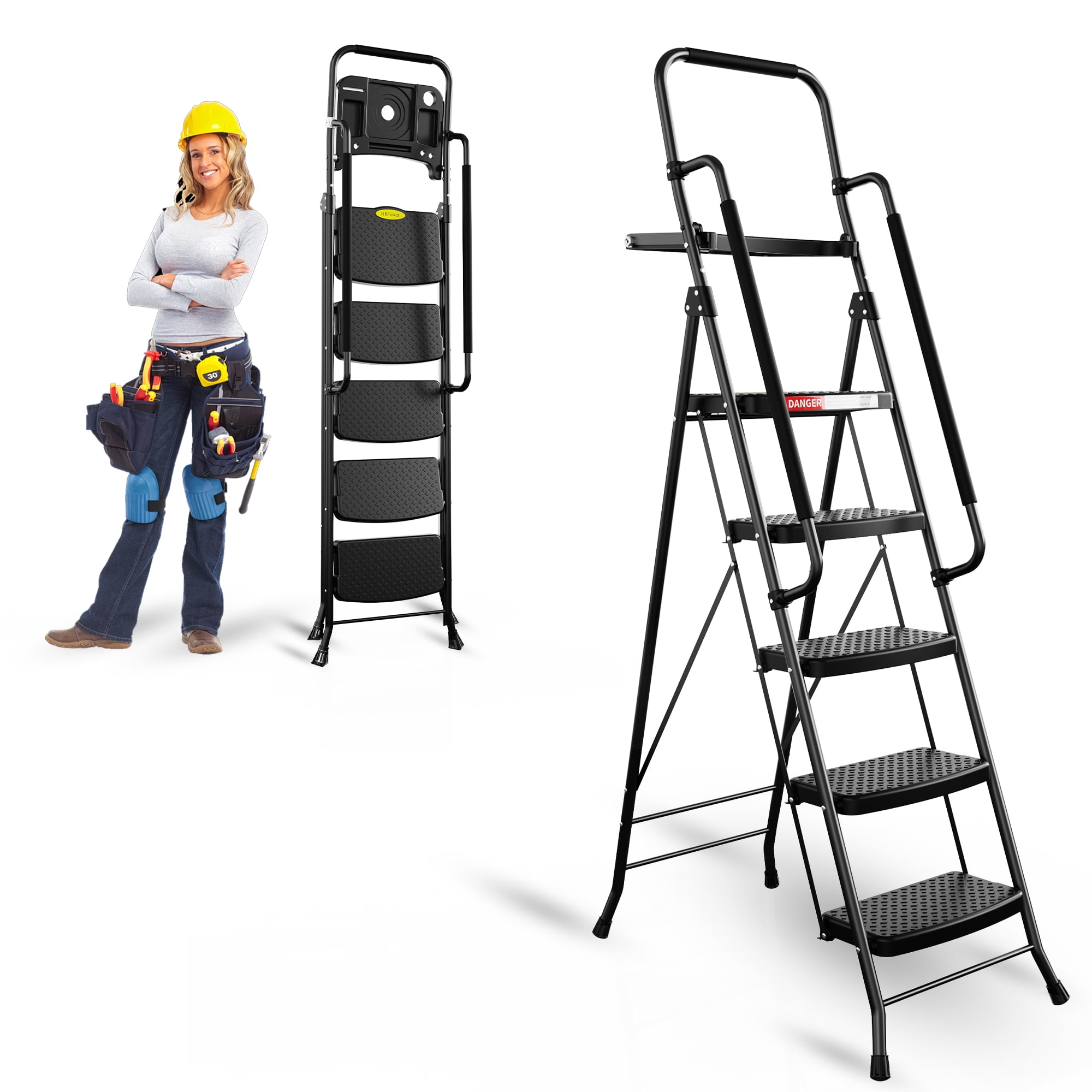 5 Step Ladder with Tool Tray and Handrails, Portable Steel Folding Stool with Wide Anti-Slip Pedal, Tool Platform, Sturdy Steel Ladder, Black