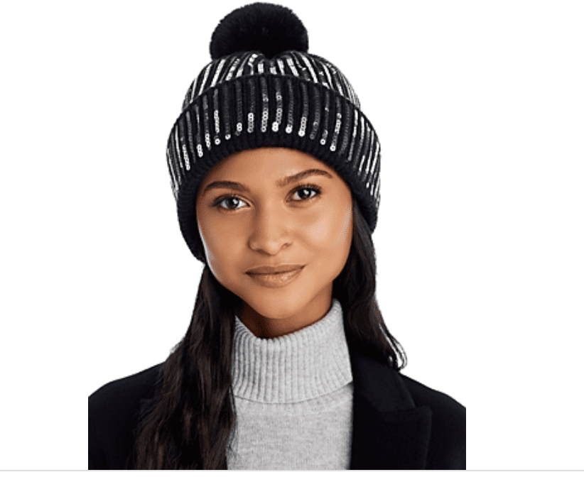 Jocelyn Faux Fur Pom Pom Sequin Knit Beanie Hat OS Black Silver $75 KLPLH05325_23_L5KH8182_BLK_B.  main image 3