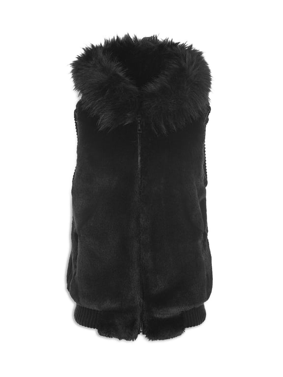 Hooded Womens Faux Fur Bomber Vest, Black, M