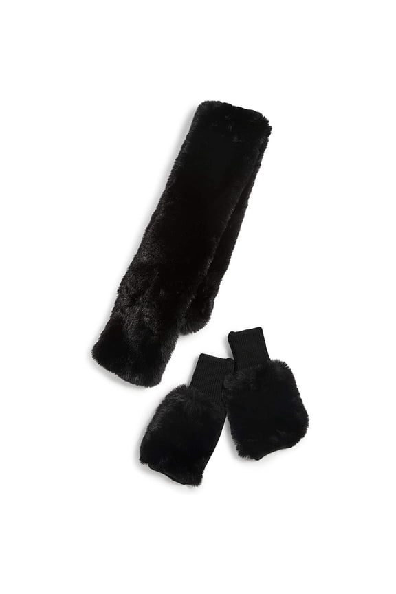 Women's Black Faux Fur Pull Through Scarf and Mitten Set