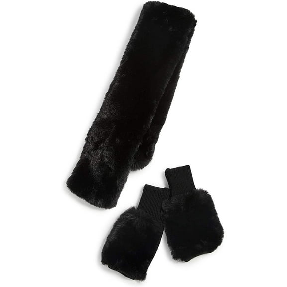 Jocelyn Women's Black Faux Fur Pull Through Scarf and Mitten Set