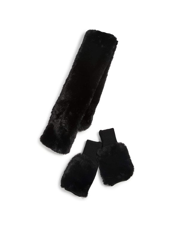 Women's Black Faux Fur Pull Through Scarf and Mitten Set