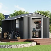 Jocisland 10.6x6.8x6.3 FT Outdoor Storage Shed, Metal Shed with Sliding Doors Two 4-Pane Windows, Open Outdoor Shed for Wood Storage, Dark Grey/White