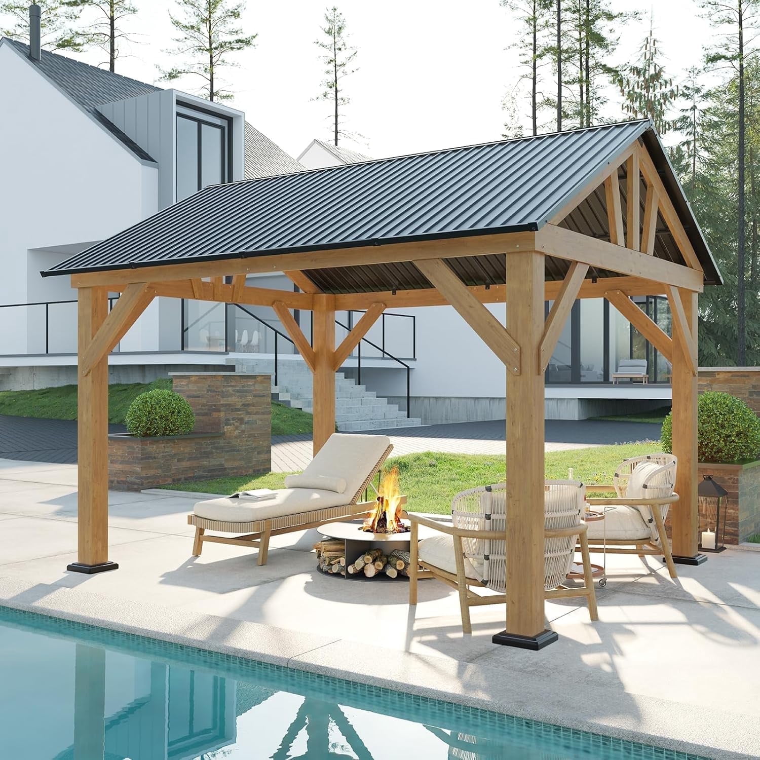 AMERLIFE 10x12 Outdoor Hardtop Wooden BBQ Gazebo with Iron Double