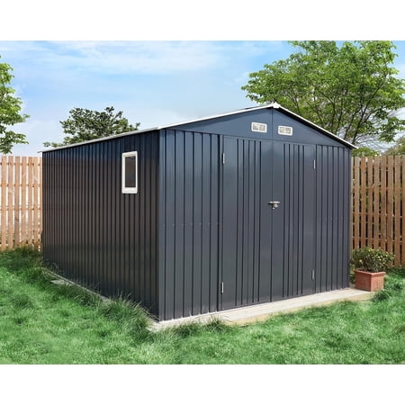 Jocisland 10x12x7.5 ft Outdoor Storage Shed, Galvanized Backyard Lockable Sheds, Grey/White