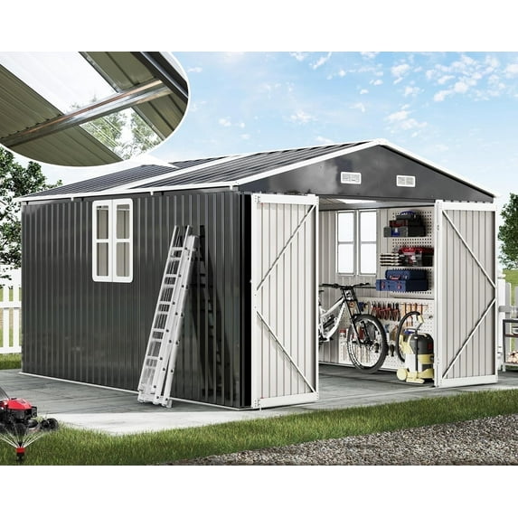 Jocisland 10x12x7 FT Galvanized Steel Storage Shed with 2 4-Pane Windows Hinged Double Doors, Outdoor Shed for Backyard, Garden, Garden, Dark Grey/White