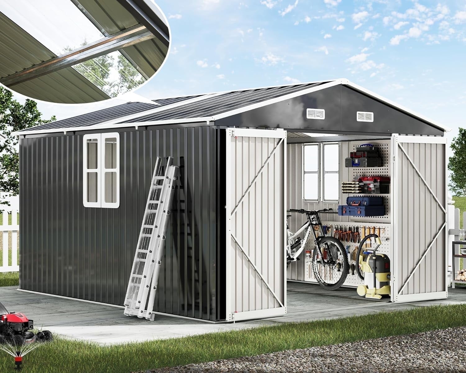 Panel Array Shed Jocisland 10x12x7 FT Galvanized Steel Storage Shed with 2 4-Pane ...