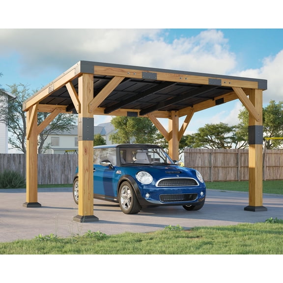 Jocisland 10x12x8 ft Heavy Duty Cedar Wood Carport, All-Weather Car Canopy with Sloped Galvanized Steel Roof for Tractor, Motorcycle, Bike
