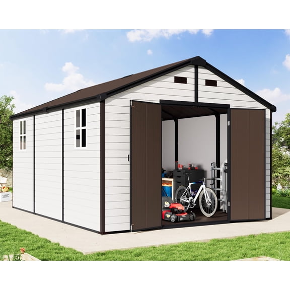 Jocisland 10x13.5x8 ft Resin Storage Shed with Floor, Lockable Outdoor Storage Shed with 2 Windows, for Backyard, Garden White & Brown