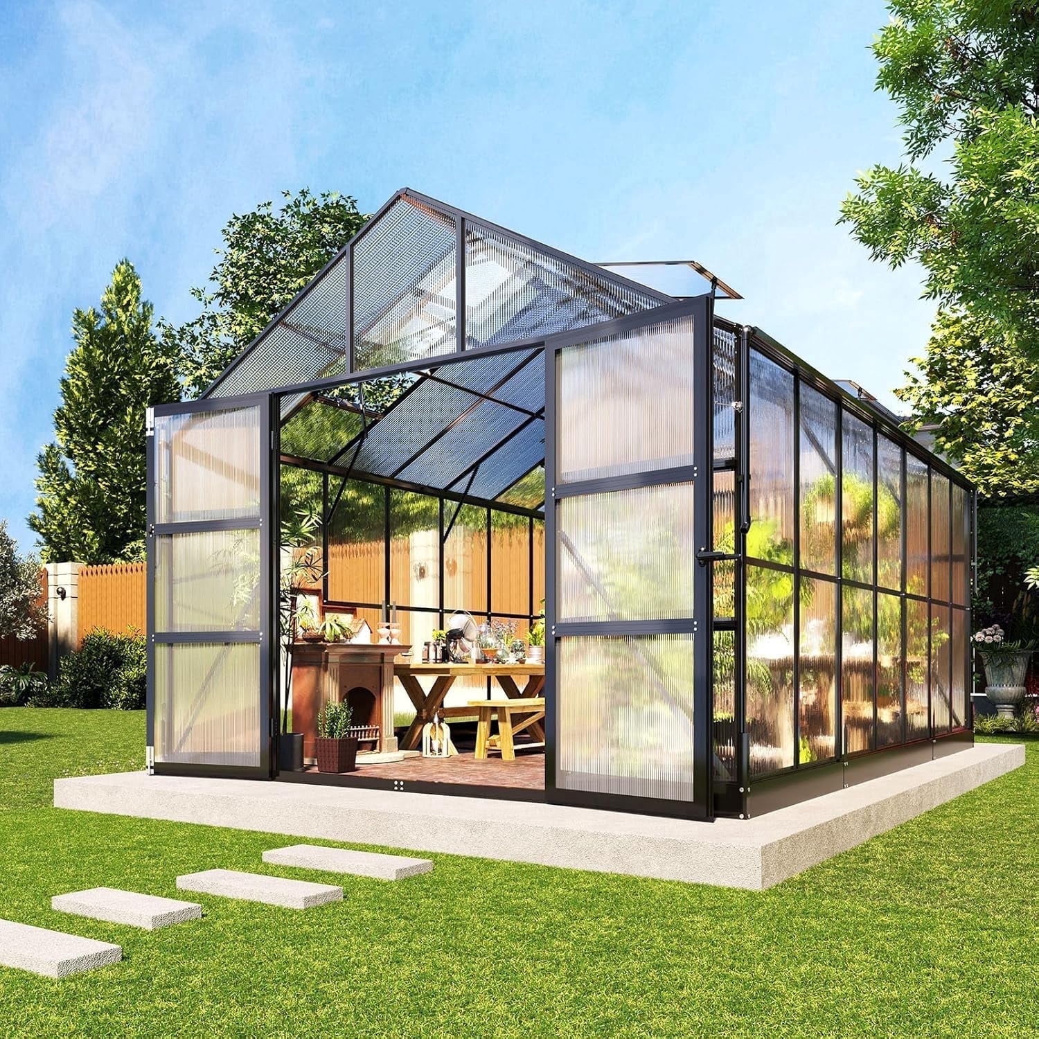 Jocisland 10x14 ft Polycarbonate Greenhouse with Rain Gutter & 4 Roof Vents, Heavy Duty Aluminum Greenhouse for Outdoor Garden Backyard, Black