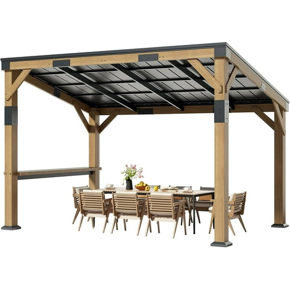 Jocisland 10x14 FT Wood Grill Gazebo with Permanent Galvanized Steel Lean Canopy & Built-in Shelf