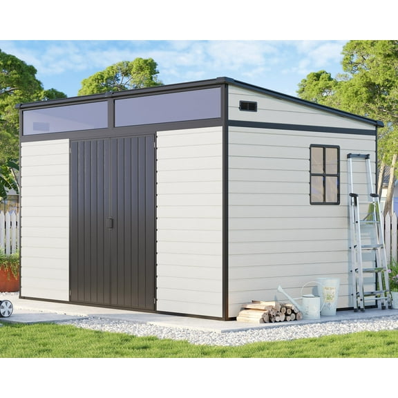 Jocisland 10x7x6.7 ft Outdoor Resin Storage Shed with Floor & Double Doors, Sloped Roof with Window & Vents, Waterproof Tool Sheds for Lawn, Backyard