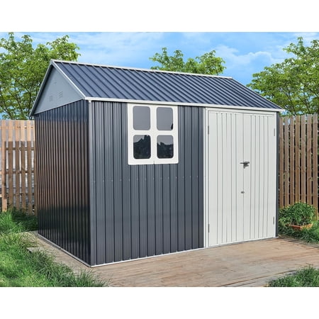 Jocisland 10x8x8 ft Shed Nordic Cottage Storage Shed 4-Pane Window Outdoor Garden House Grey