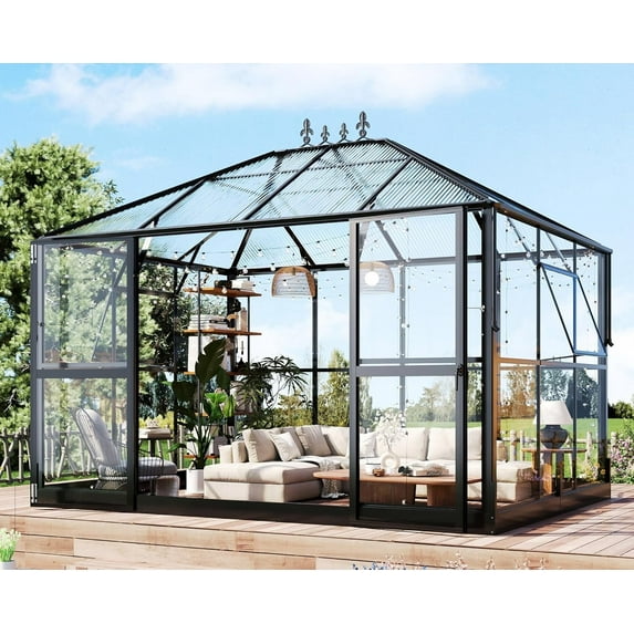 Jocisland 11x8.5x8.5 FT Pavilion Styled Greenhouse with Clear Panels Double Swing Doors, 6 FT Wall Height Hybrid Polycarbonate Greenhouse Greenhouse Kit, Greenhouses for Outdoors, Sunroom Black