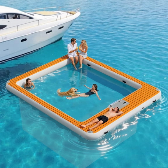 Jocisland 12×10FT Inflatable Sea Pool, Floating Swimming Pool Platform with Safety Net, Modular Swim Air Dock with Electric Air Pump for Ocean Party