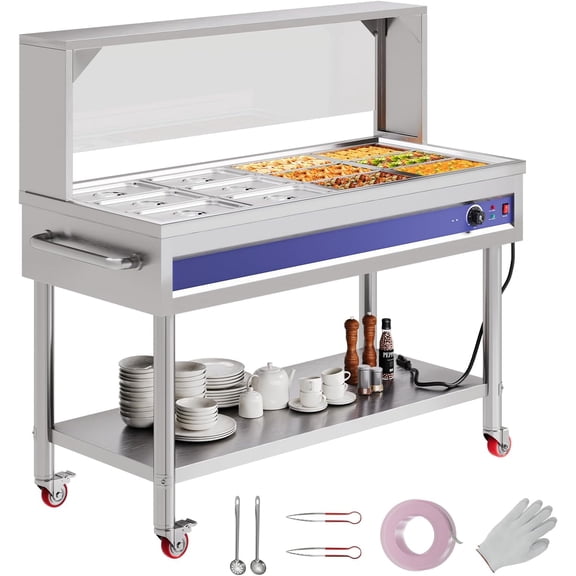 Jocisland 12-Pan 96QT Commercial Food Warmer, 1500W Stainless Steel Steam Table with Top Shelf, Lids, Food Tongs, Undershelf, Wheels, 110V Temp Control for Catering