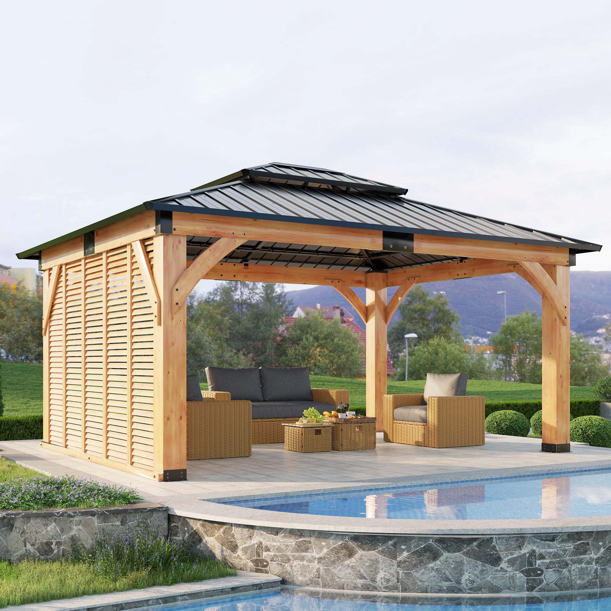 Jocisland 12' x 14' Permanent Wood Gazebo with Privacy Wall, Spruce Frame Hardtop Gazebo with Double-Tier Roof, Outdoor Pergola for Backyard & Patio
