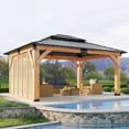 thumbnail image 1 of Jocisland 12' x 14' Permanent Wood Gazebo with Privacy Wall, Spruce Frame Hardtop Gazebo with Double-Tier Roof, Outdoor Pergola for Backyard & Patio, 1 of 8