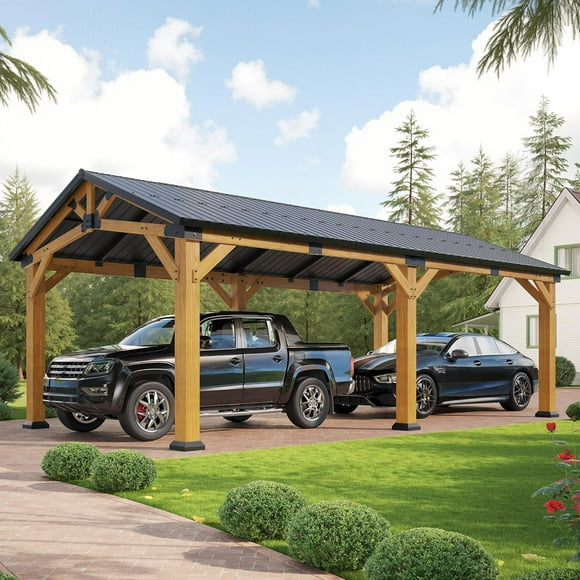 Jocisland 12'x24' Cedar Wood Hardtop Gazebo with Waterproof Outdoor Carport Pavilion,Steel Roof,Heavy-Duty Snow & Wind Resistant Canopy for Patio, Driveway, Garden