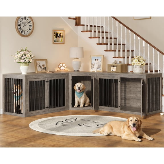 Jocisland 128" Extra Large Dog Crate Furniture, 3-in-1 Corner Dog Kennel with Storage and Divider, Space-Saving Design, Heavy Duty Crate, Grey