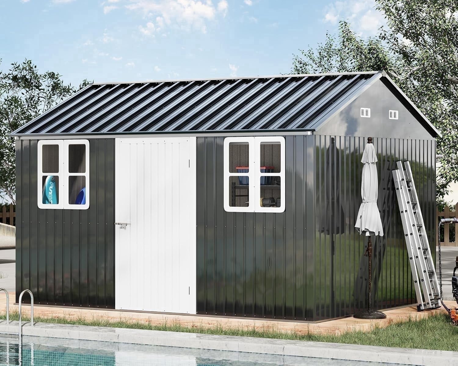 Jocisland 12x10.3x8.2 ft Galvanized Steel Outdoor Storage Shed with Two 4-Pane Windows Lockable Door, for Backyard, Garden, Patio, Dark Grey/White