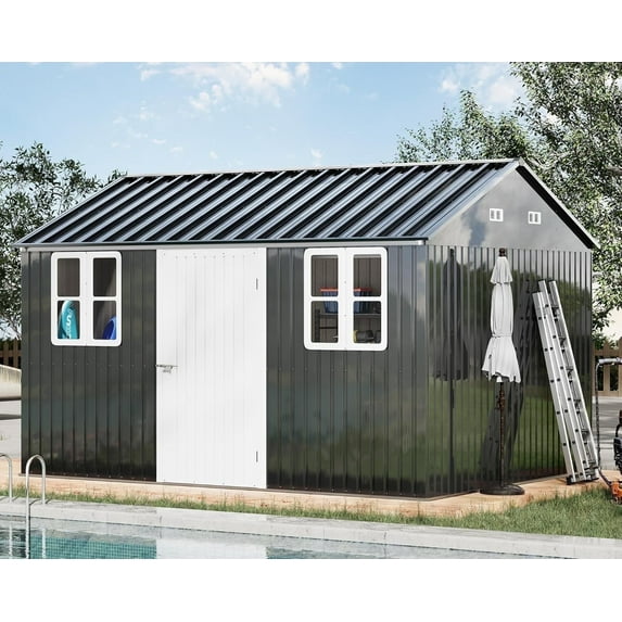 Jocisland 12x10.3x8.2 ft Galvanized Steel Outdoor Storage Shed with Two 4-Pane Windows Lockable Door, Nordic Cottage Shed for Backyard, Garden, Patio, Dark Grey/White