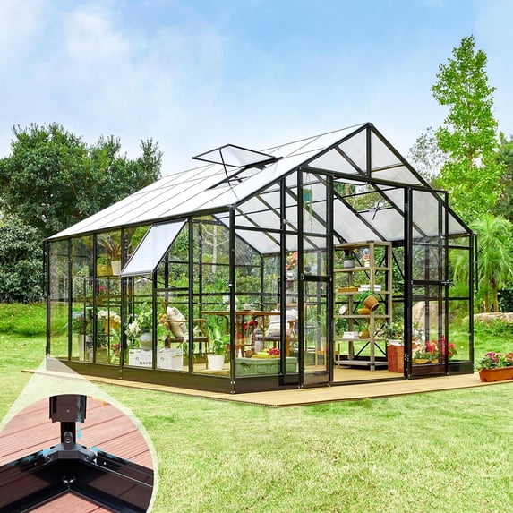 Jocisland 12x13.5x9 ft Hybrid Polycarbonate Greenhouse with Quick Connector Assembly Clear Panels
