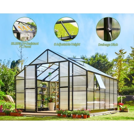 Jocisland 12x13.5x9 ft Polycarbonate Greenhouse with Quick Connector Fast Assembly, Large Greenhouses for Outdoors Winter Greenhouse, Swing 2 Doors 4 Vents , Black