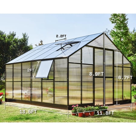 Jocisland 12x13.5x9 ft Polycarbonate Greenhouse with Quick Connector Fast Assembly, Walk-in Greenhouses for Outdoors Winter Greenhouse, Swing 2 Doors 4 Vents , Black