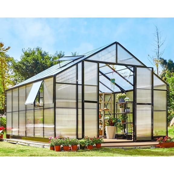 Jocisland 12x13.5x9 ft Polycarbonate Greenhouse with Quick-Connect Fittings for Outdoors, 875 ft² Net Space, Aluminum Frame, Double Doors, Black