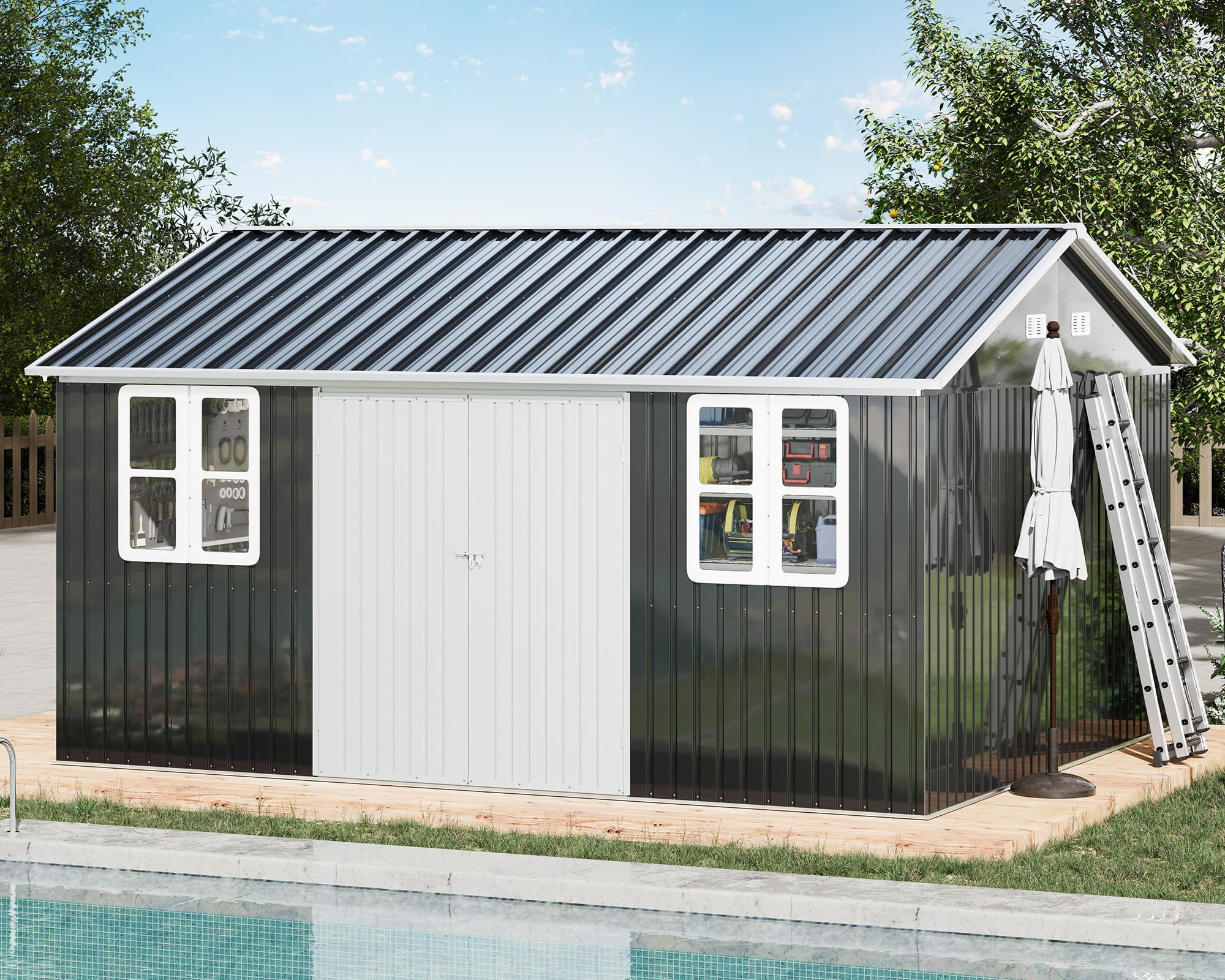 Jocisland 12x14x8.5 ft Galvanized Steel Outdoor Storage Shed with