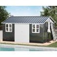 thumbnail image 1 of Jocisland 12x14x8.5 ft Galvanized Steel Outdoor Storage Shed with 2 4-Pane Windows Lockable Door, Nordic Cottage Shed for Backyard, Garden, Dark Grey, 1 of 9