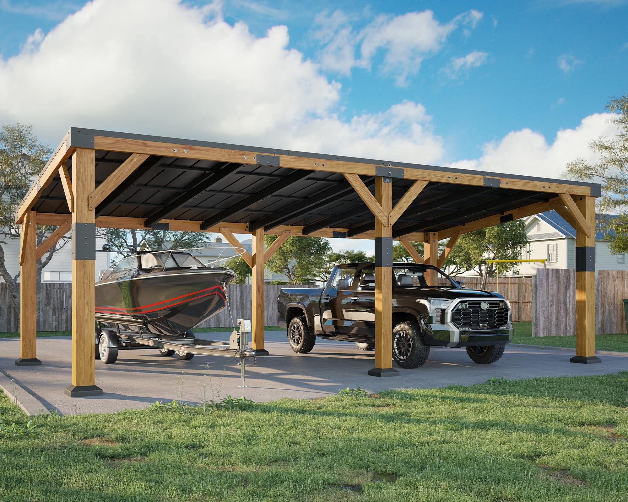 Jocisland 12x24x8.2 FT Cedar Wood Carport for 2 Cars, Heavy Duty Canopy Carport with Sloped Galvanized Steel Roof for All Weather